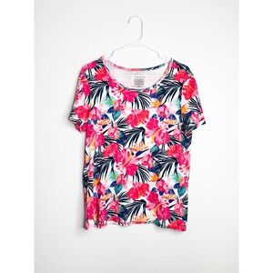 Time and Tru Hawaiian Floral Tee Women's XL Cotton Tropical Shirt Short Sleeve